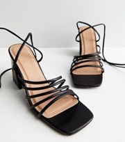 New Look Black Faux Croc Strappy Ankle Tie Block Heel Sandals